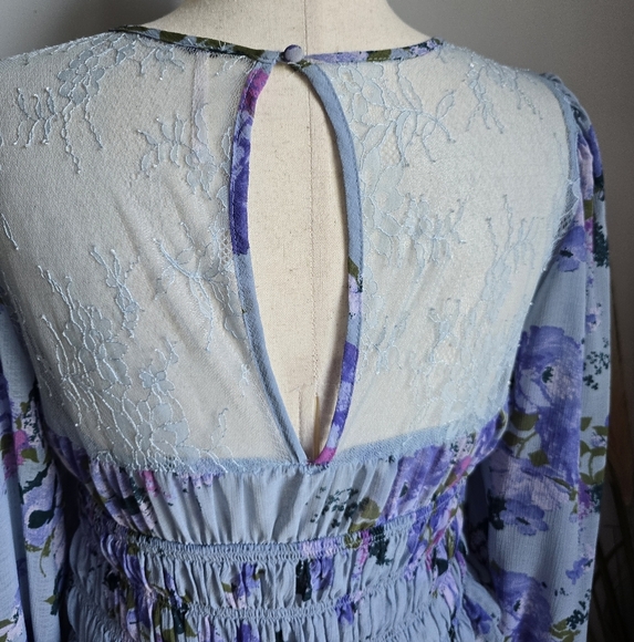 Free People, Daphne Blue Floral Lace Blouson Sleeve Smocked Blouse, SZ Large - Picture 10 of 14